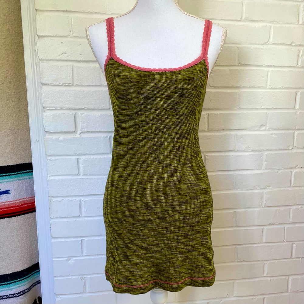 Free People Olive & Pink Bodycon Dress Spaghetti Straps Women’s Size Medium
